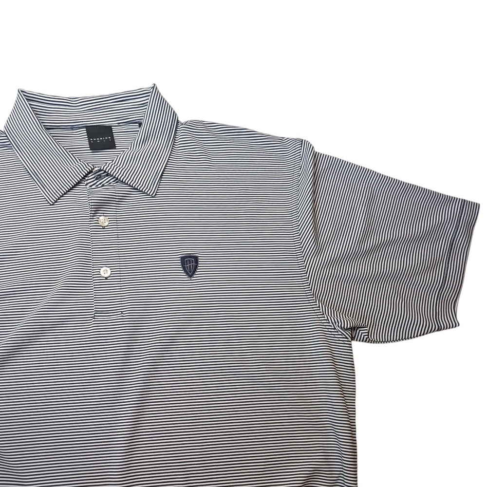 Dunning Golf Mens XL Blue White Stripe Polo Shirt‎ Short Sleeve Stretch Logo